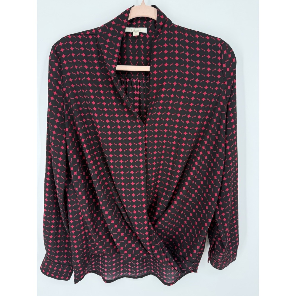 Pleione Geo Patter Wrap Blouse Black Red Faux Wrap Blouse Size Small